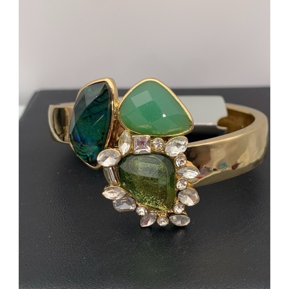 NWT Lydell NYC Hammered Gold Tone  Green Clear Rhinestone Hinged Bangle Bracelet